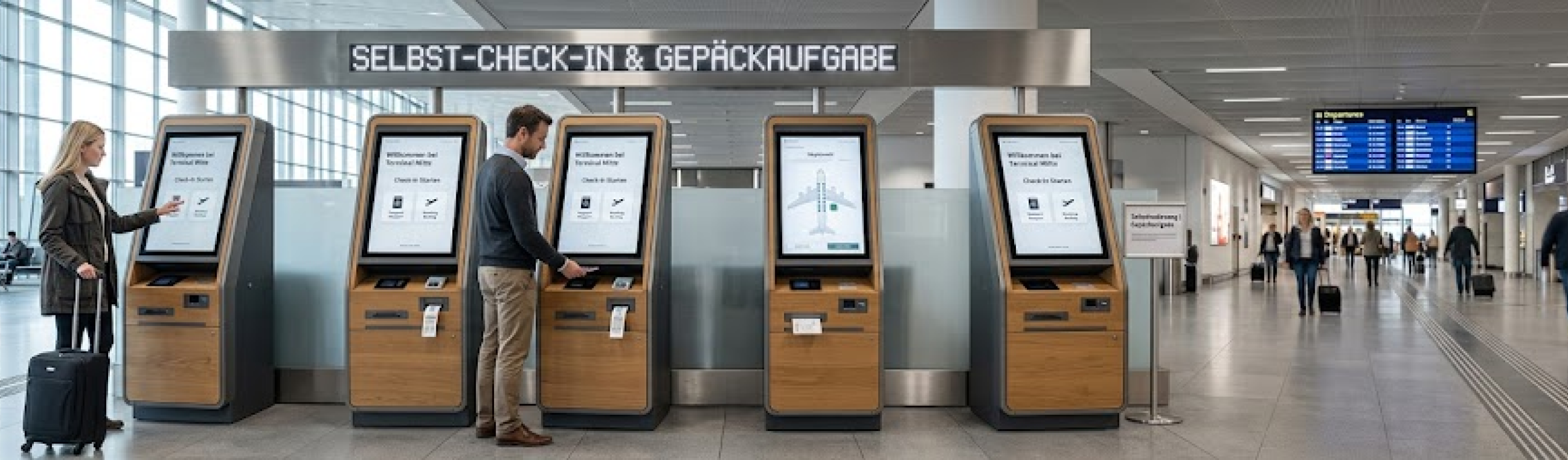 Self check-in kiosks in a modern hotel lobby